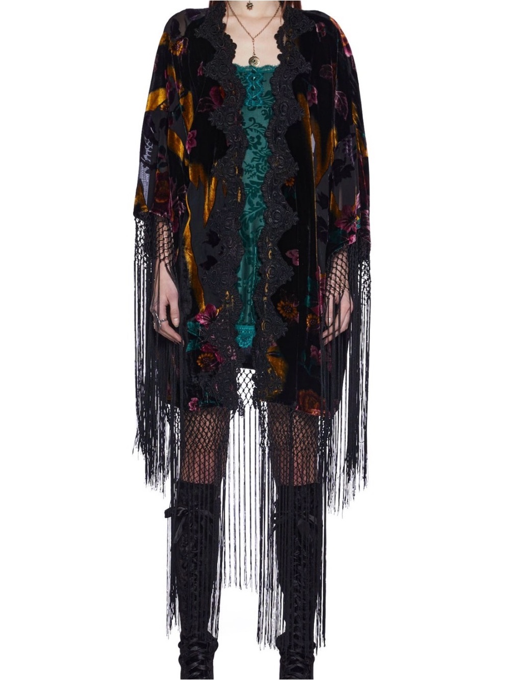 Black Velvet Floral Fringe Kimono